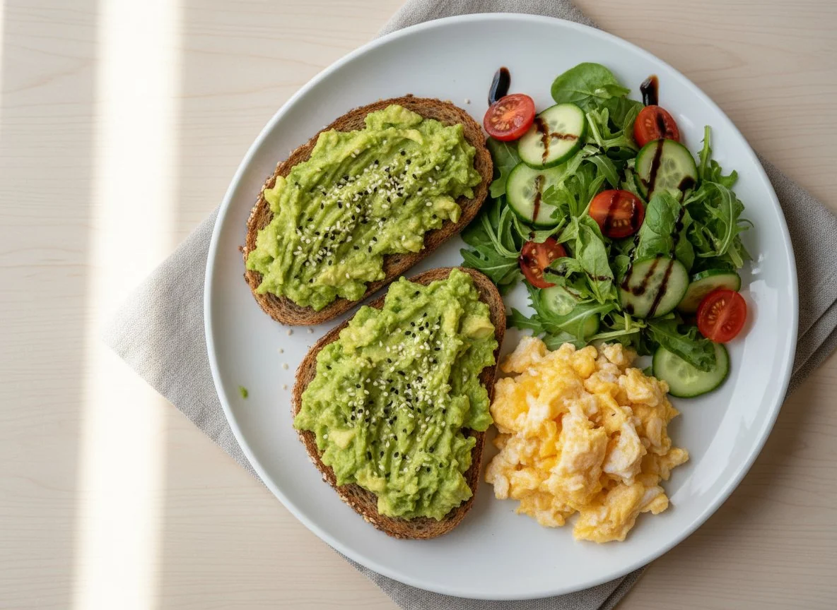 Avocado Toast mit Rührei und Salat photo