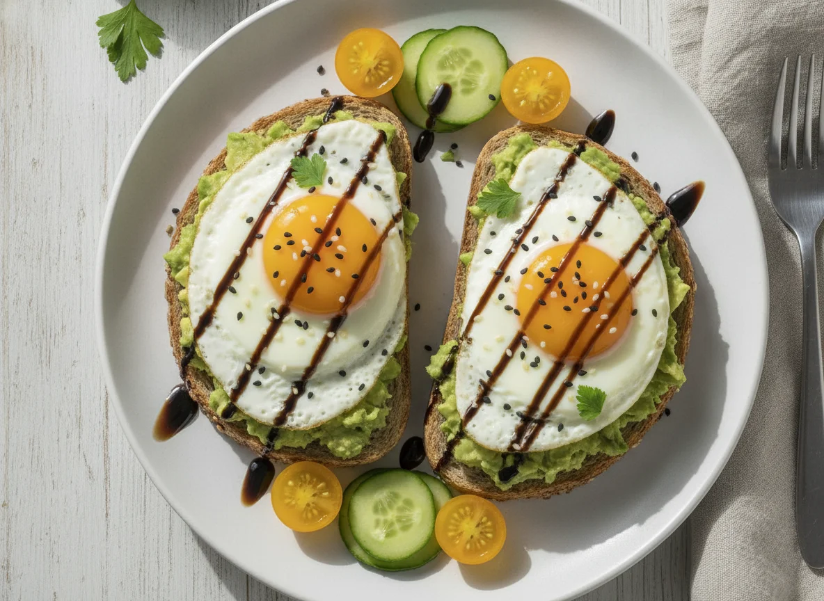 Avocado Toast mit Spiegelei und Gemüse photo