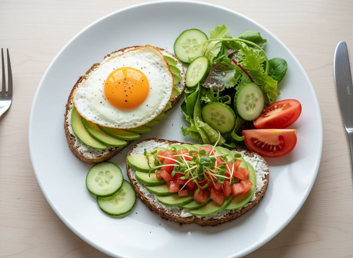 Avocado Toast mit Spiegelei und Salat photo