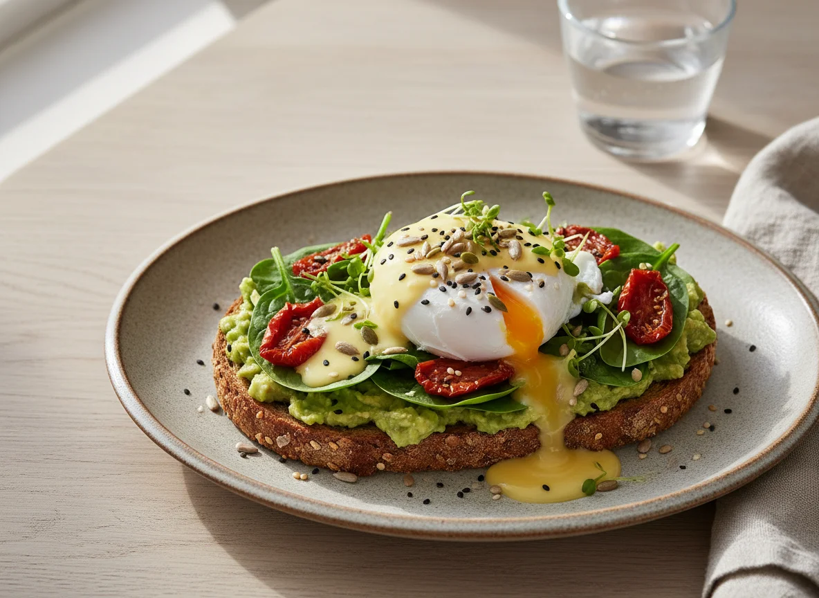 Avocado Toast mit Spinat, getrockneten Tomaten und pochiertem Ei photo