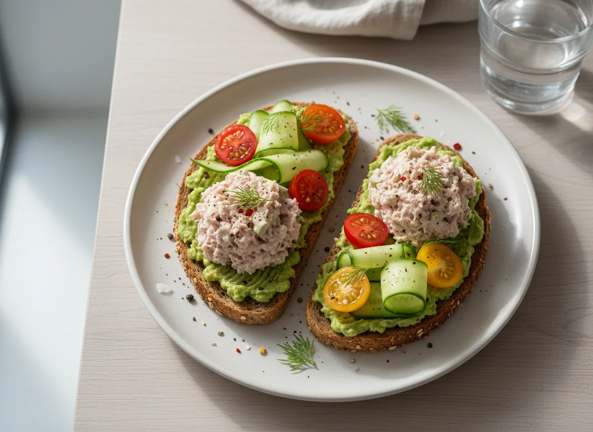 Avocado- und Fleischsalat-Toast mit Gemüse photo