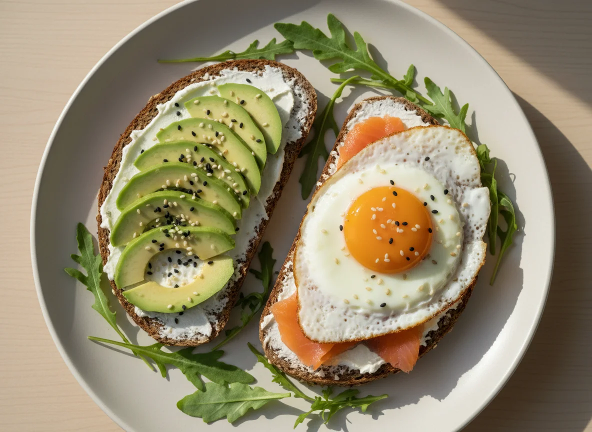 Avocado und glutenfreies Vollkornbrot mit Lachs und Spiegelei photo