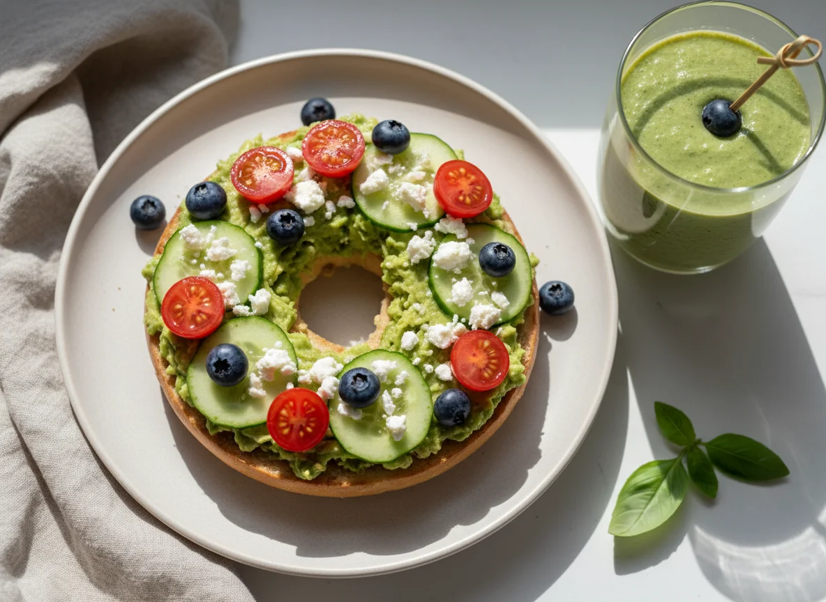 Avocado-Bagel mit Feta und Beeren photo