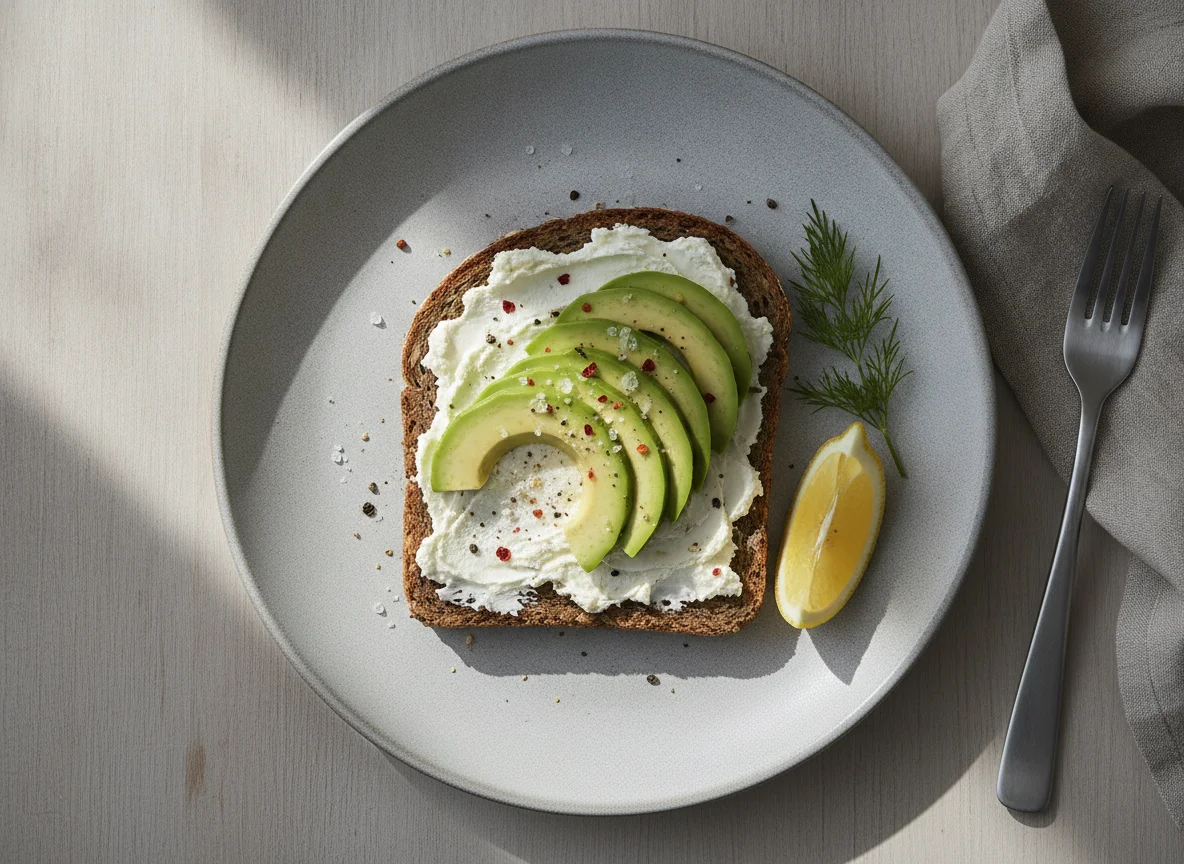Avocadobrot auf Vollkornbrot mit Frischkäse photo