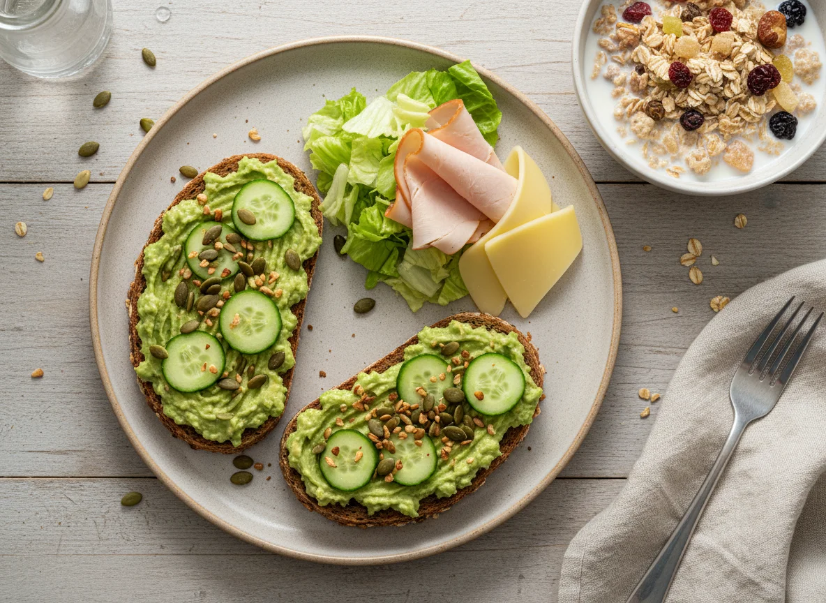 Avocado-Brot mit Beilagen und Müsli photo