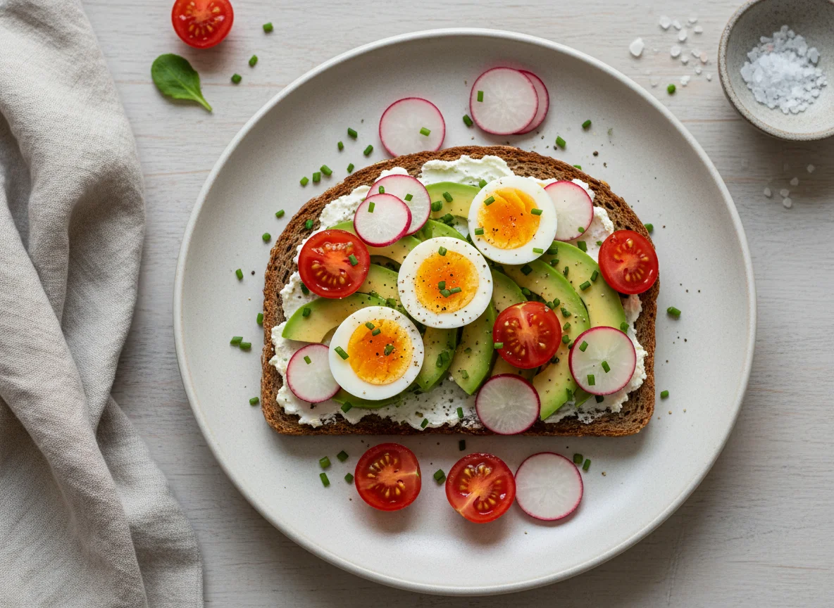 Avocadobrot mit Ei, Tomaten und Radieschen photo
