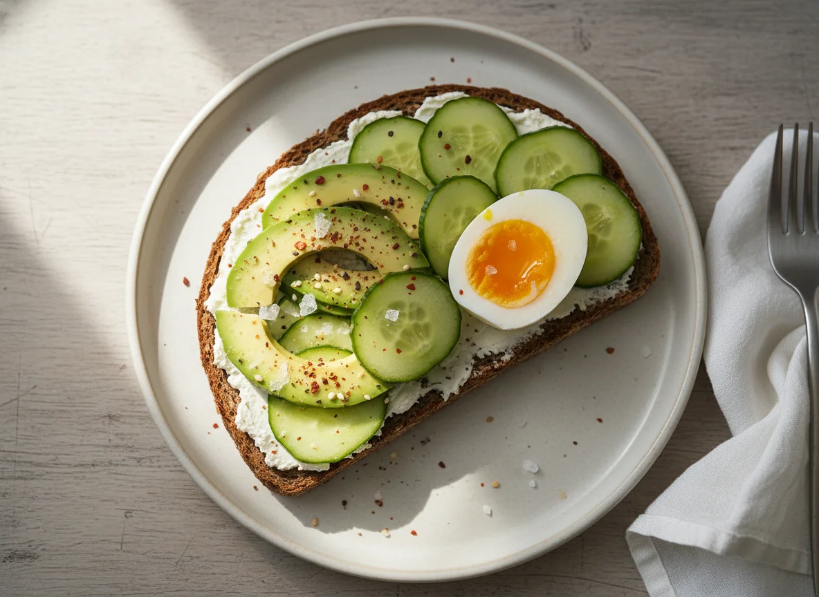 Avocado-Brot mit Ei und Gurke photo