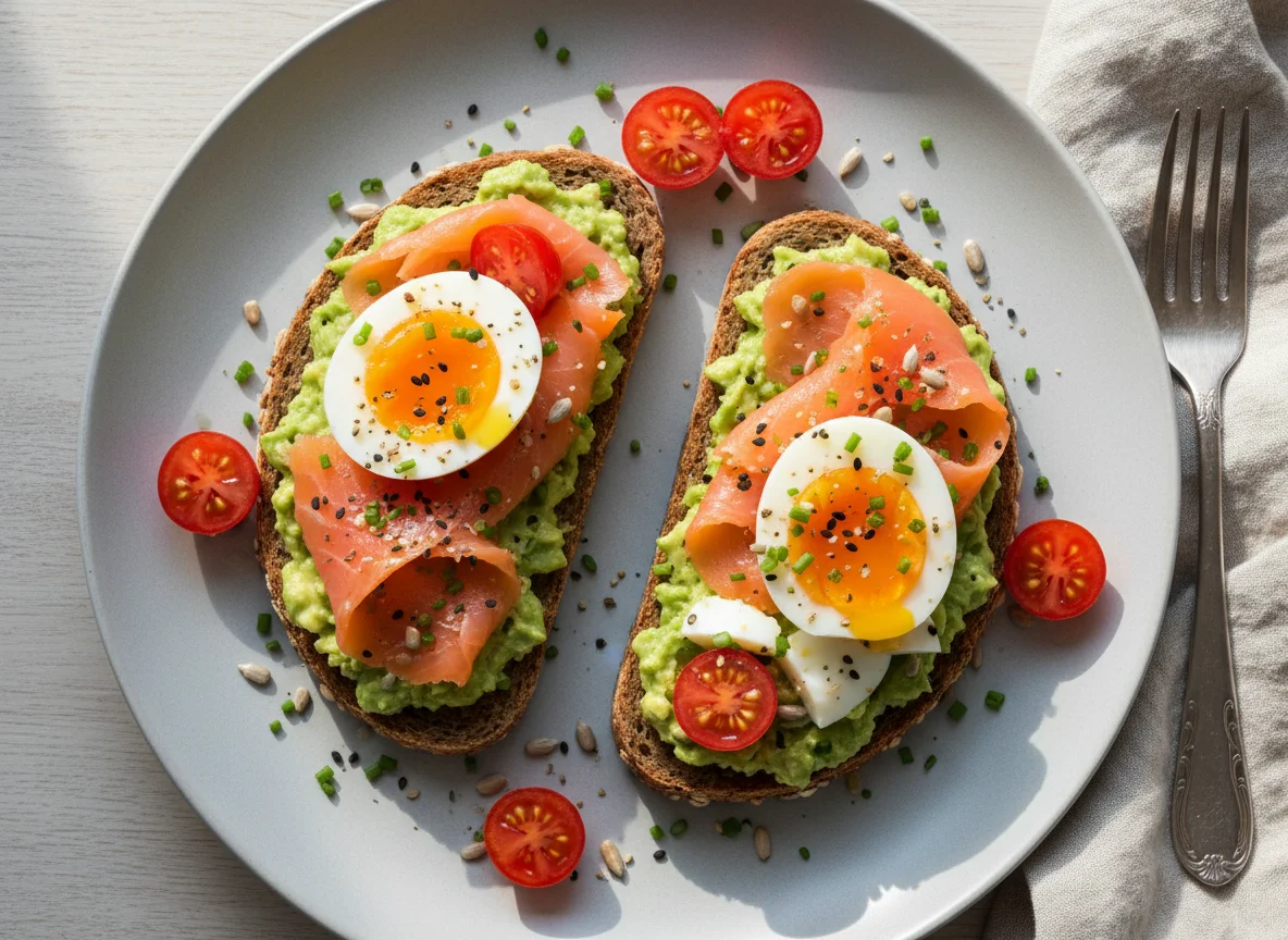 Avocado-Brot mit Lachs und Ei photo