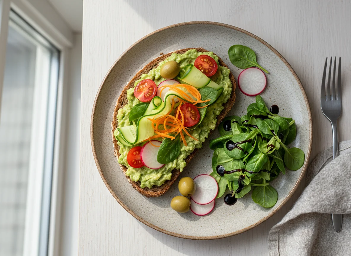 Avocado-Brot mit Salat und Oliven photo