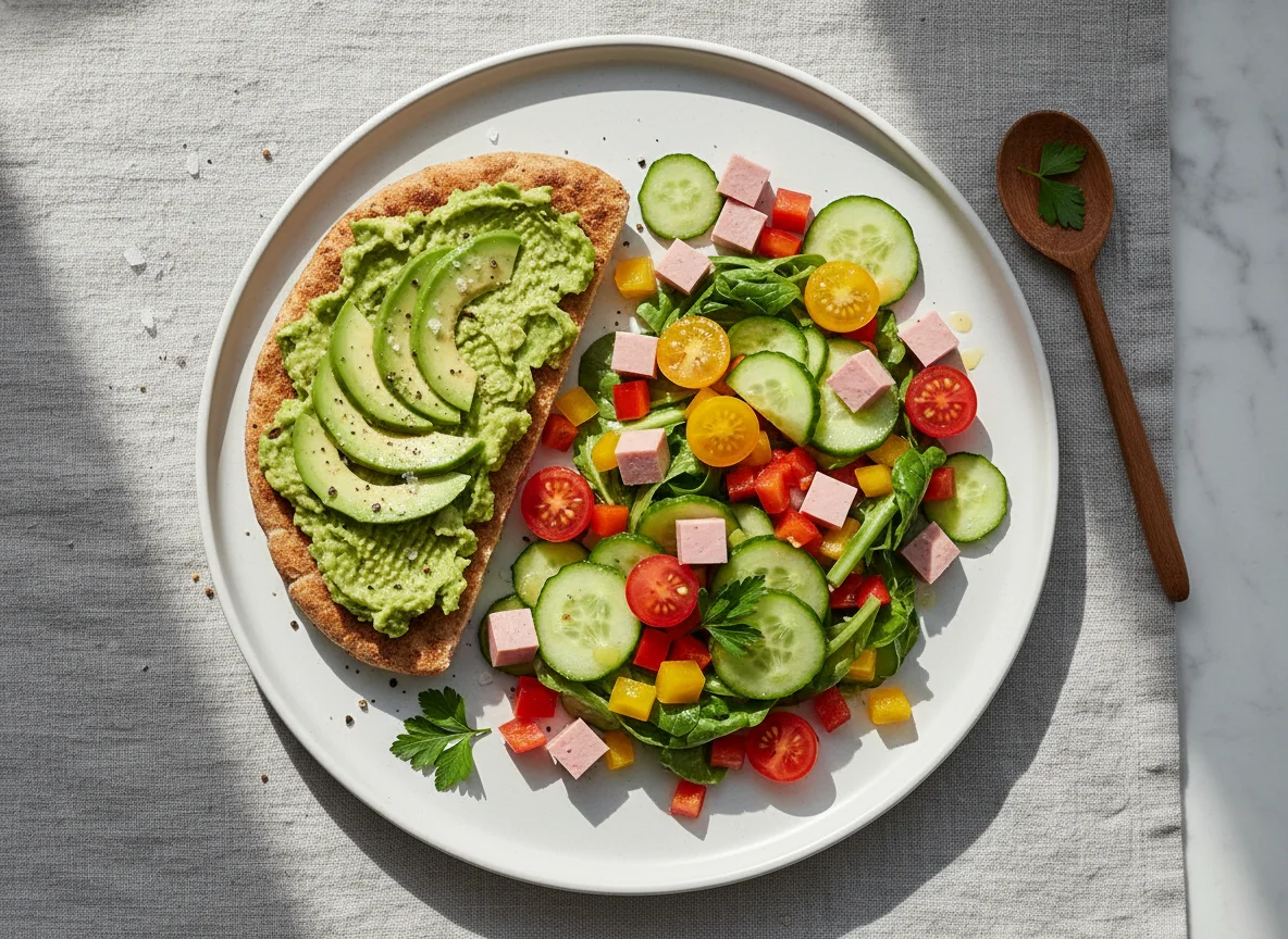 Avocado-Brot und Salat mit Wurstwürfeln photo