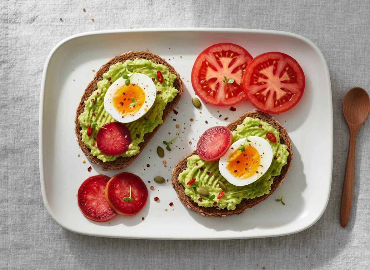 Avocado-Ei-Brot mit Beilagen photo