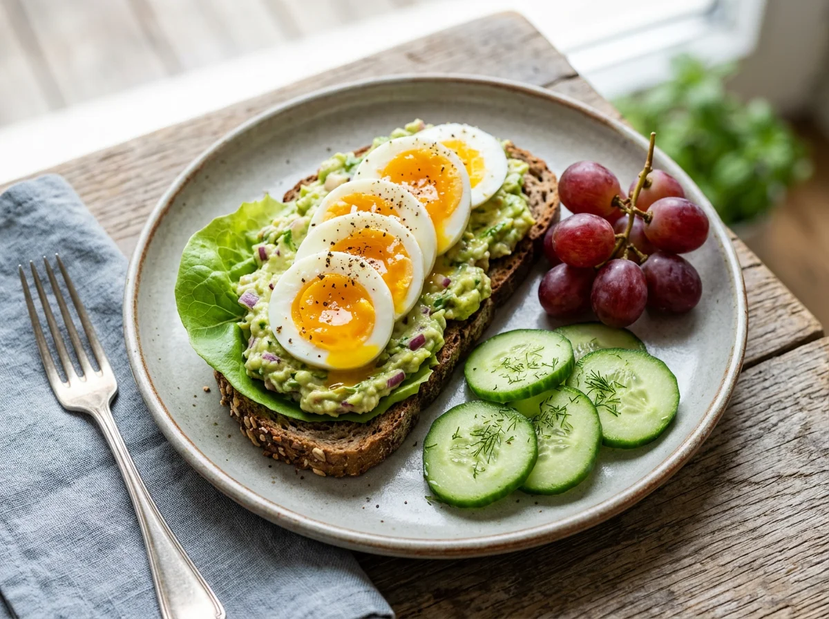 Avocado-Ei-Brot mit Gurke und Trauben photo