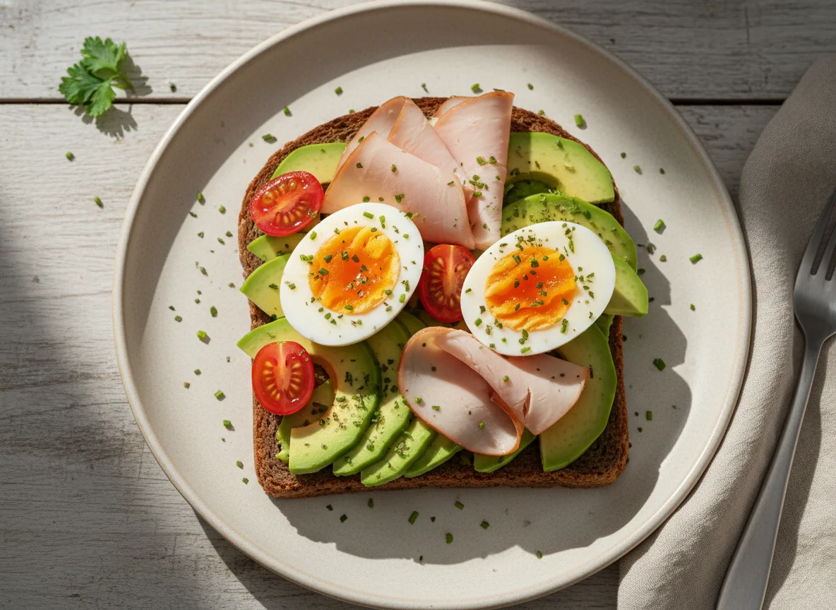 Avocado-Ei-Brot mit Putenbrust und Tomaten photo