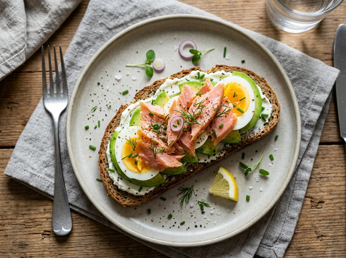Avocado-Eier-Brot mit geräucherter Forelle photo