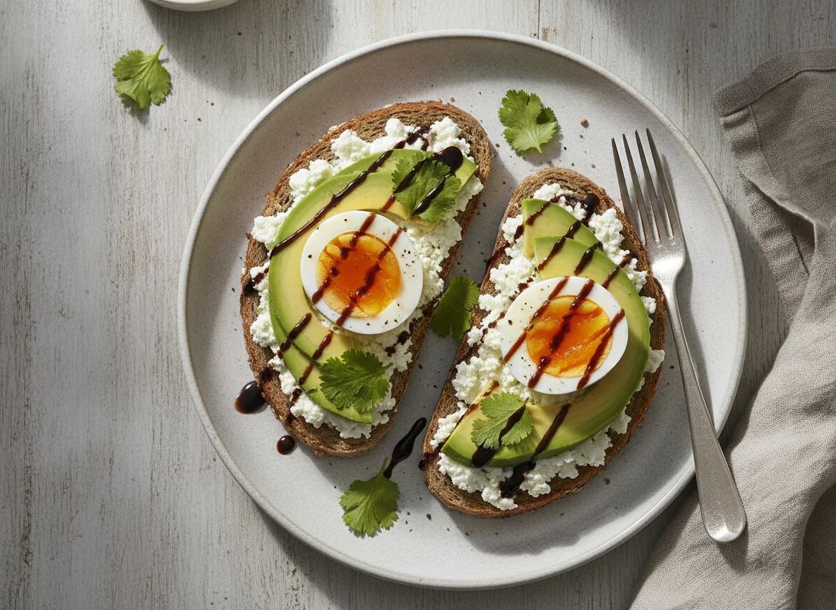 Avocado-Ei-Toast mit Hüttenkäse photo