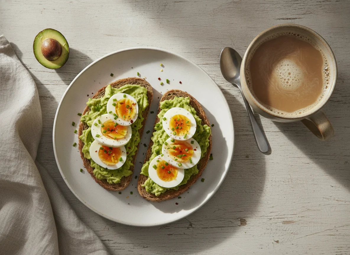 Avocado-Ei-Toast mit Milchkaffee photo