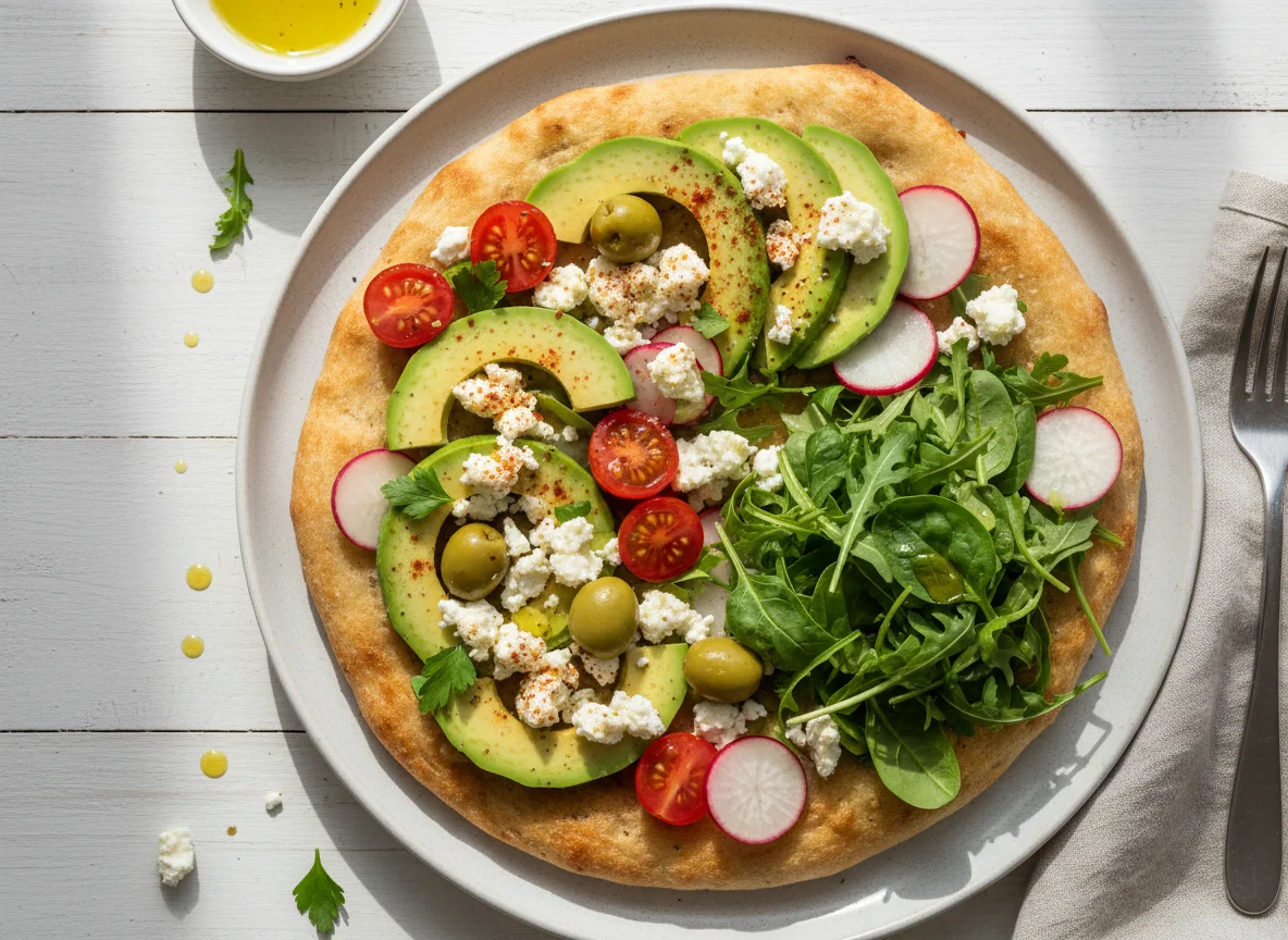 Avocado-Feta-Fladenbrot mit Salat und Oliven photo