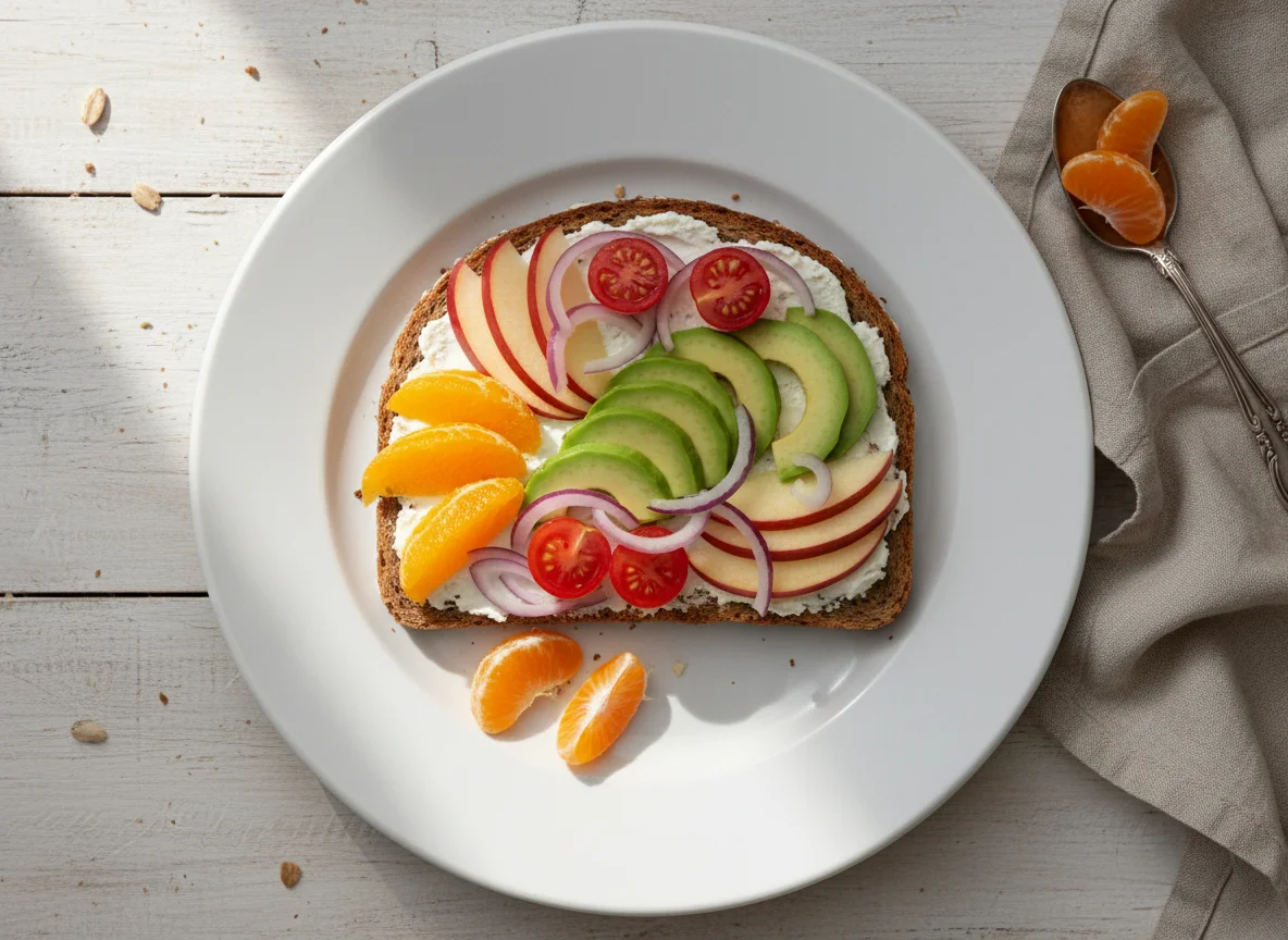 Avocado-Frischkäse-Brot mit Obst photo
