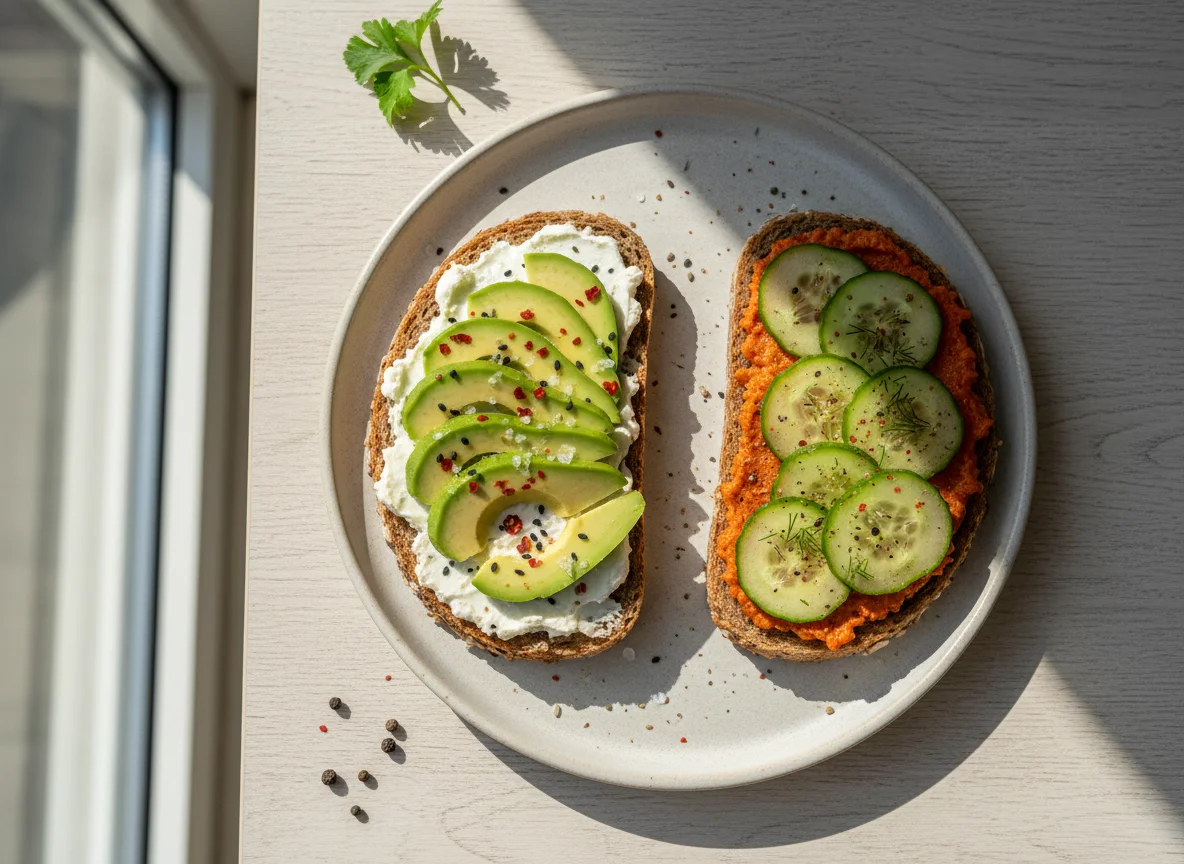 Avocado-Frischkäse-Brot und Paprika-Aufstrich-Brot photo