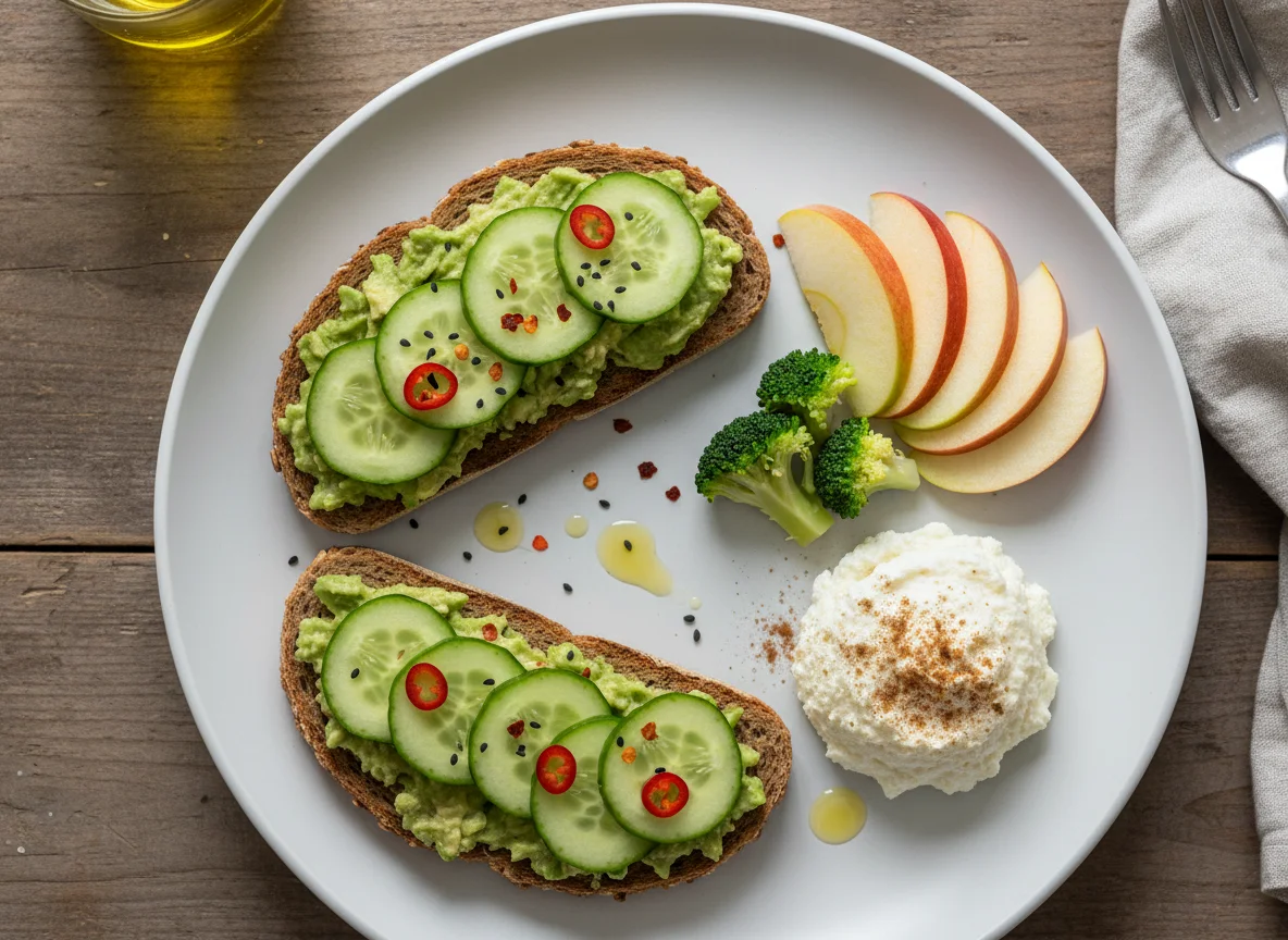 Avocado-Gurken-Toast mit Apfel, Brokkoli und Quark photo