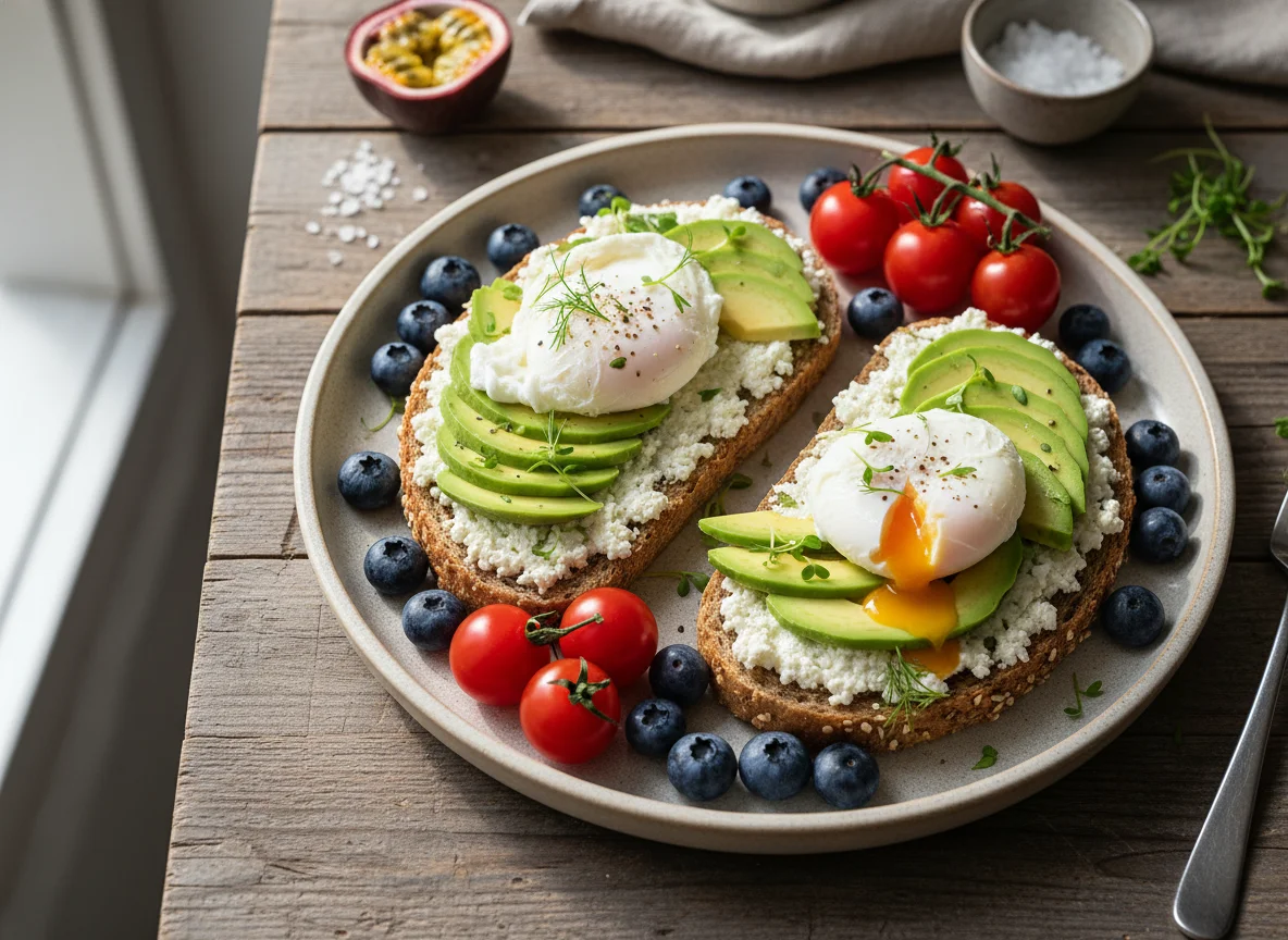 Avocado-Hüttenkäse-Toast mit pochierten Eiern und Beilagen photo
