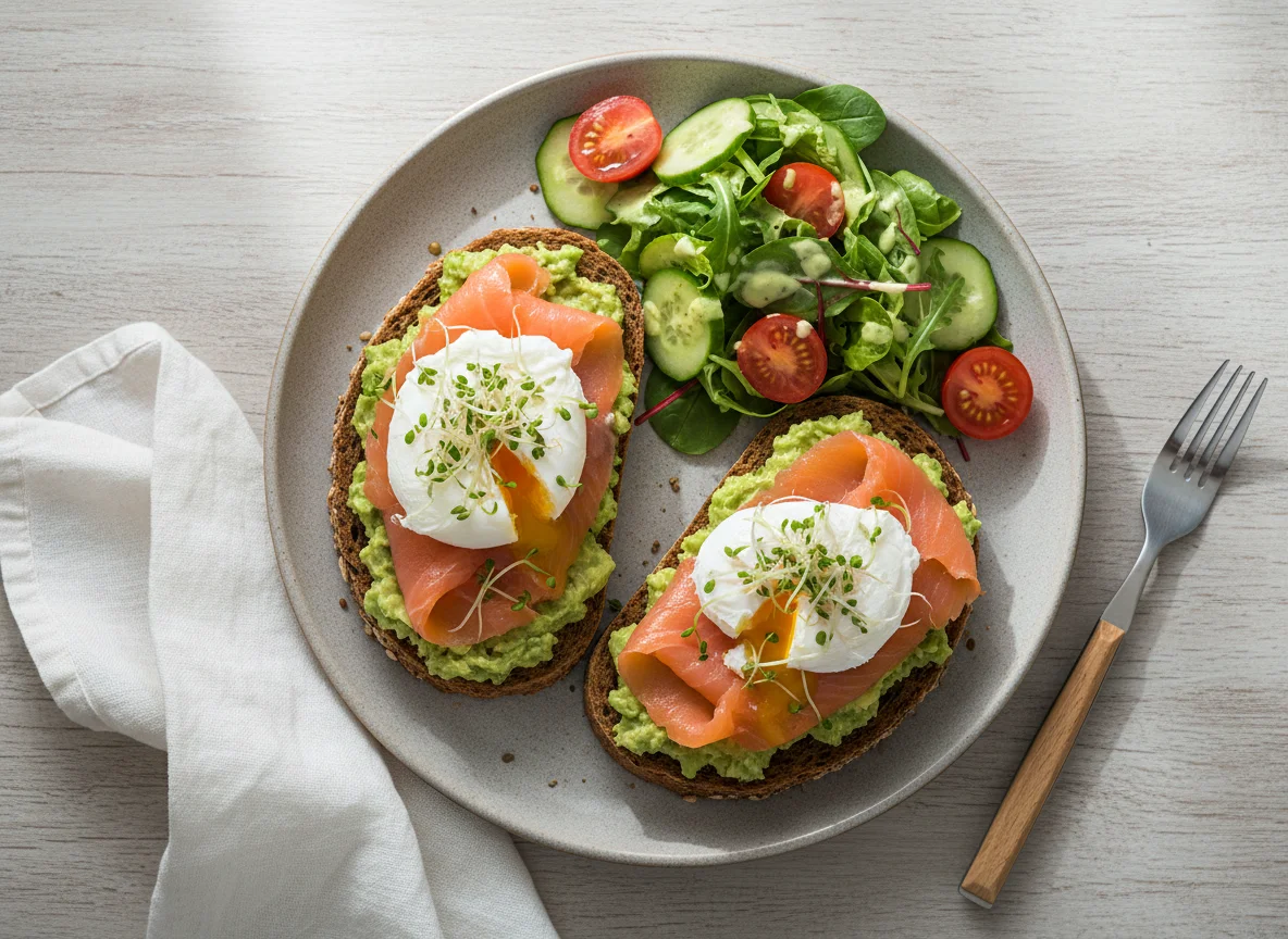 Avocado-Lachs-Brot mit pochierten Eiern und Salat photo