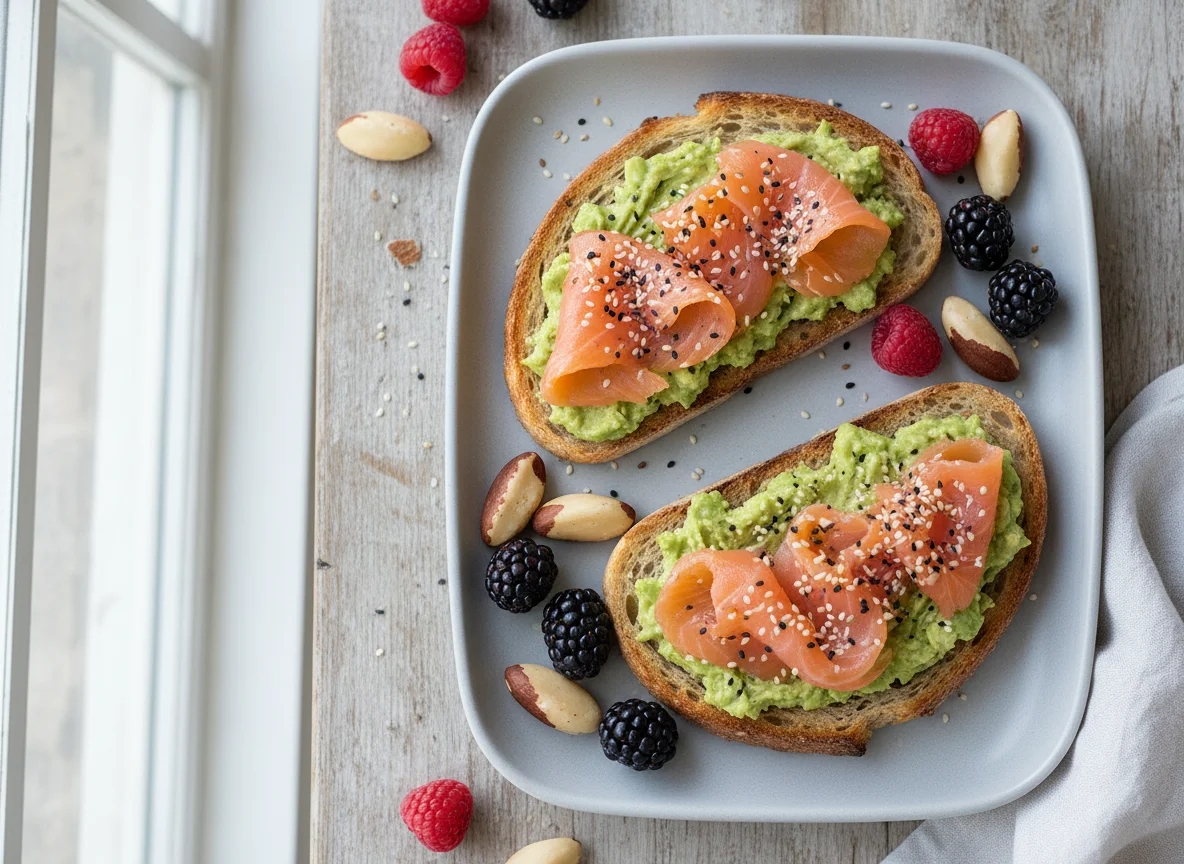 Avocado-Lachs-Toast mit Beeren und Paranüssen photo