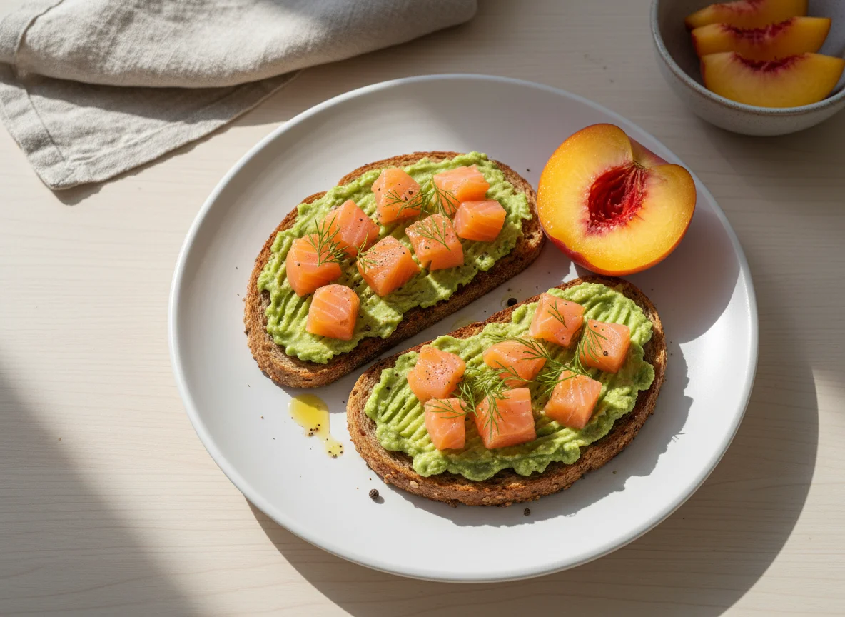 Avocado-Lachs-Toast mit Pfirsich photo