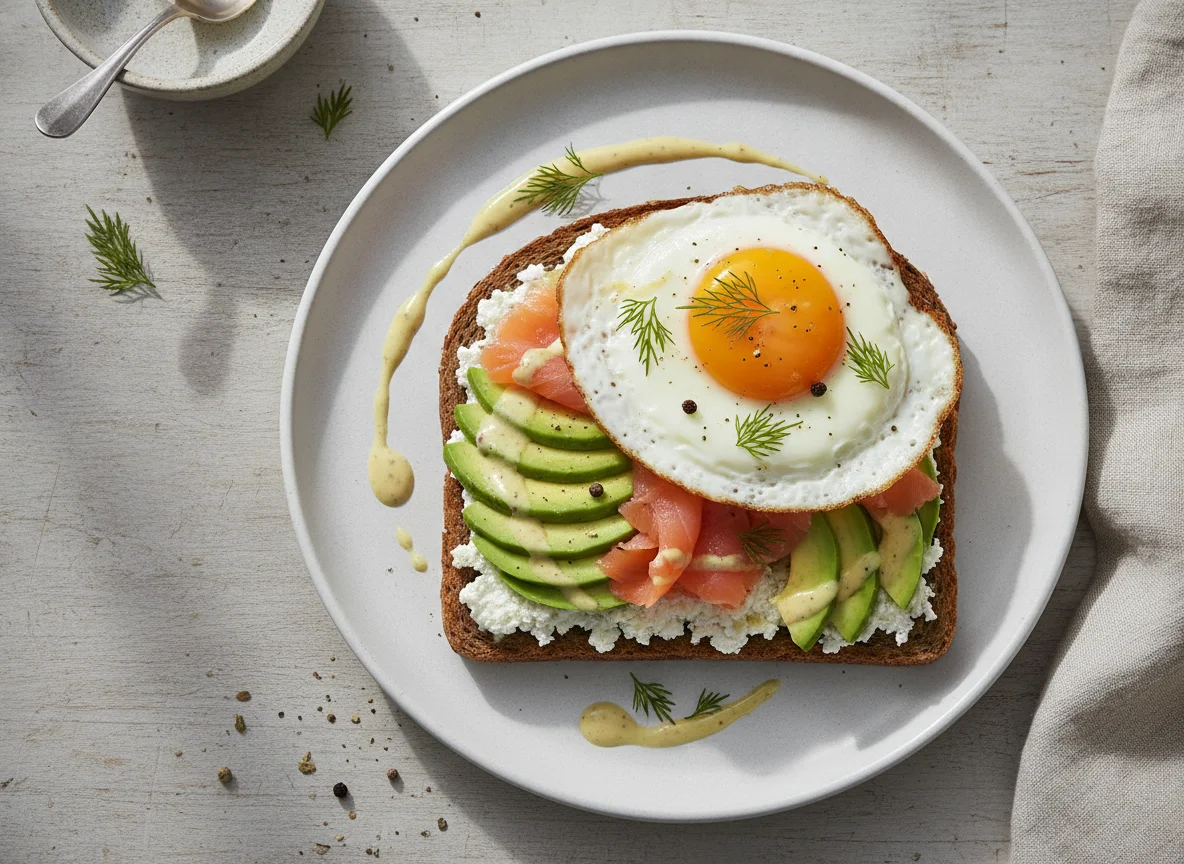 Avocado-Lachs-Toast mit Spiegelei photo