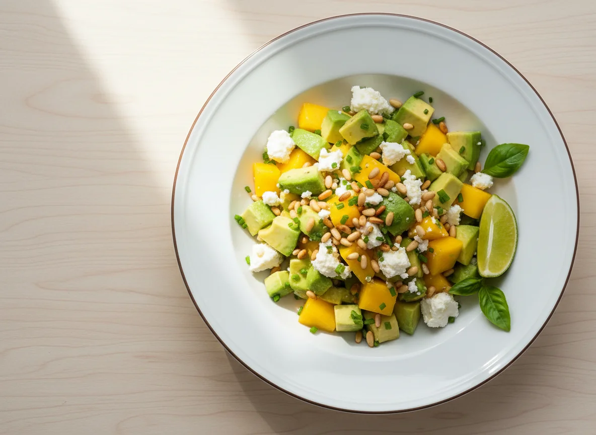 Avocado-Mango-Salat mit Pinienkernen und Feta photo