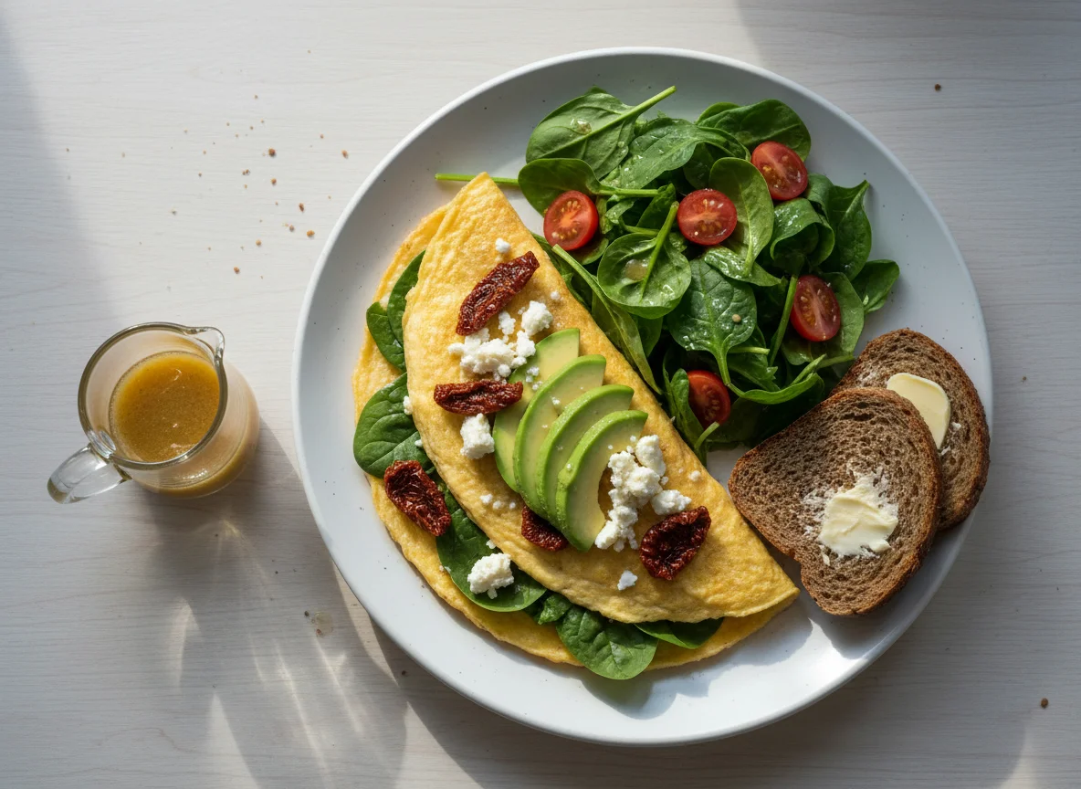 Avocado-Omelett mit Salat und Brot photo