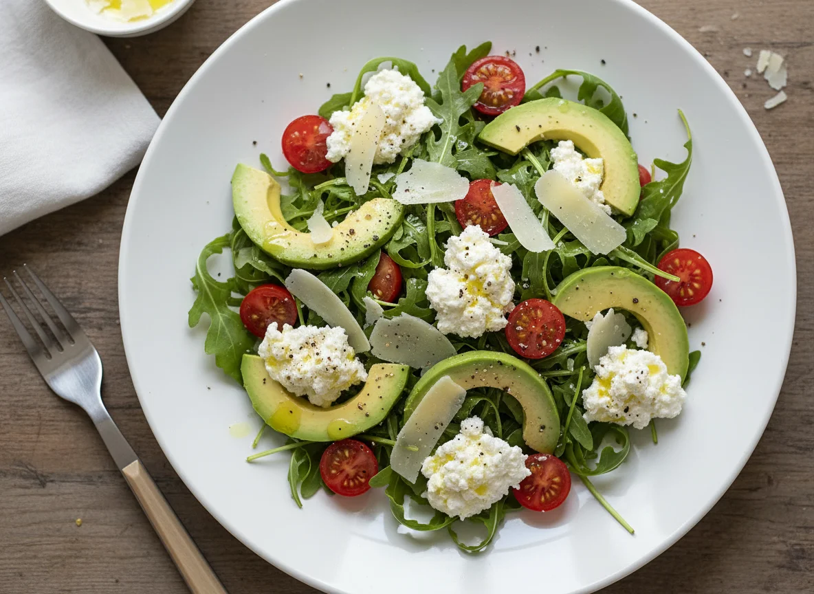Avocado-Rucola-Salat mit Hüttenkäse und Parmesan photo