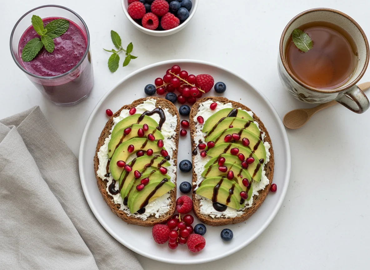 Avocado-Toast mit Beeren und Saft photo
