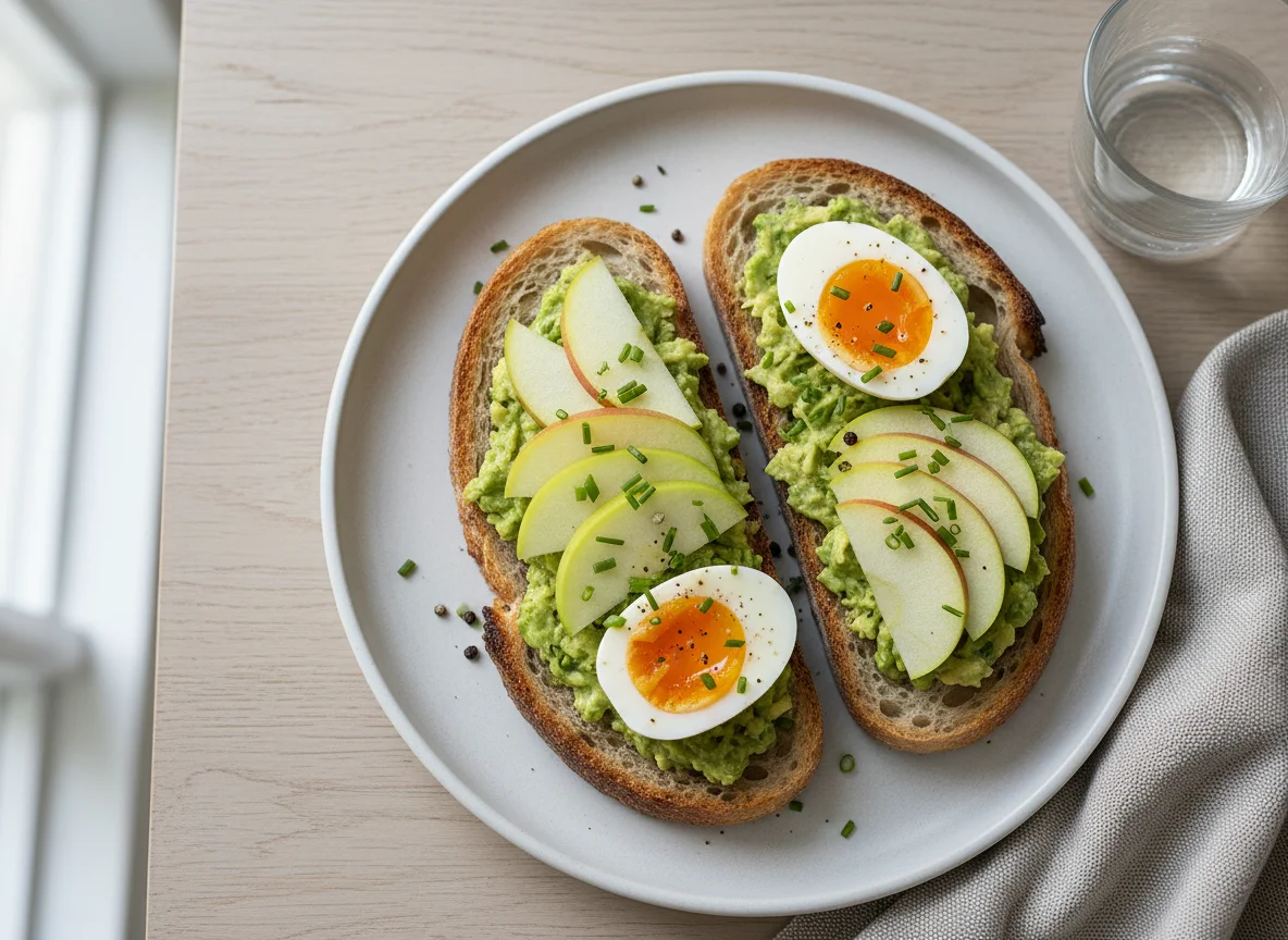 Avocado-Toast mit Ei und Apfel photo