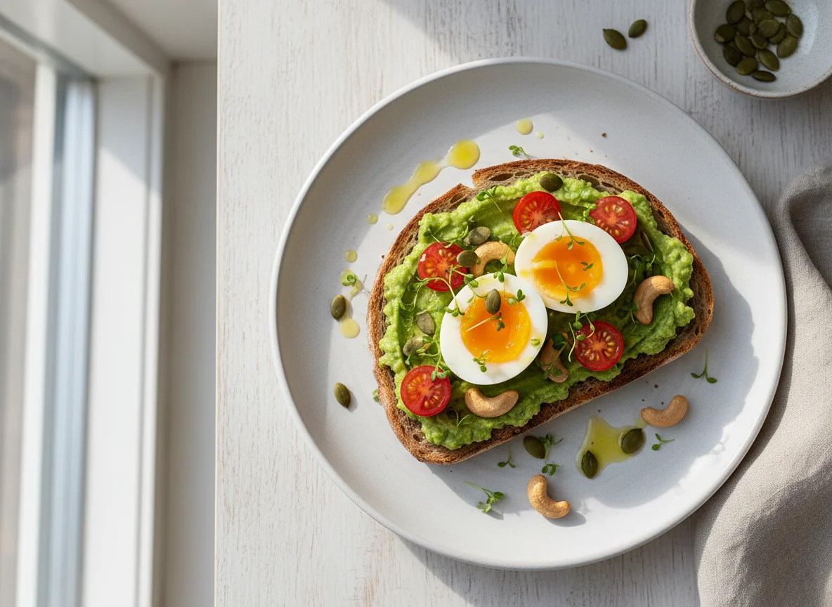 Avocado-Toast mit Ei und Erbsenpüree photo