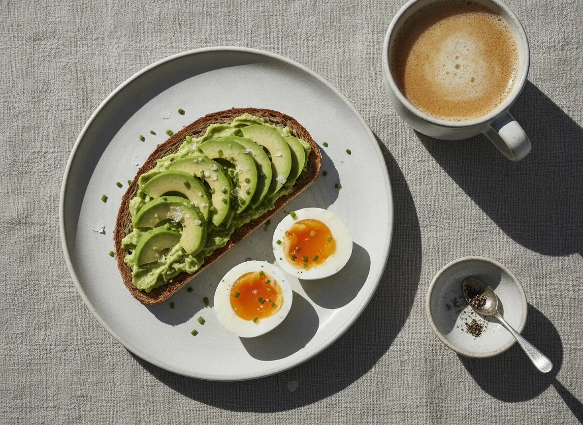 Avocado-Toast mit gekochtem Ei und Kaffee photo