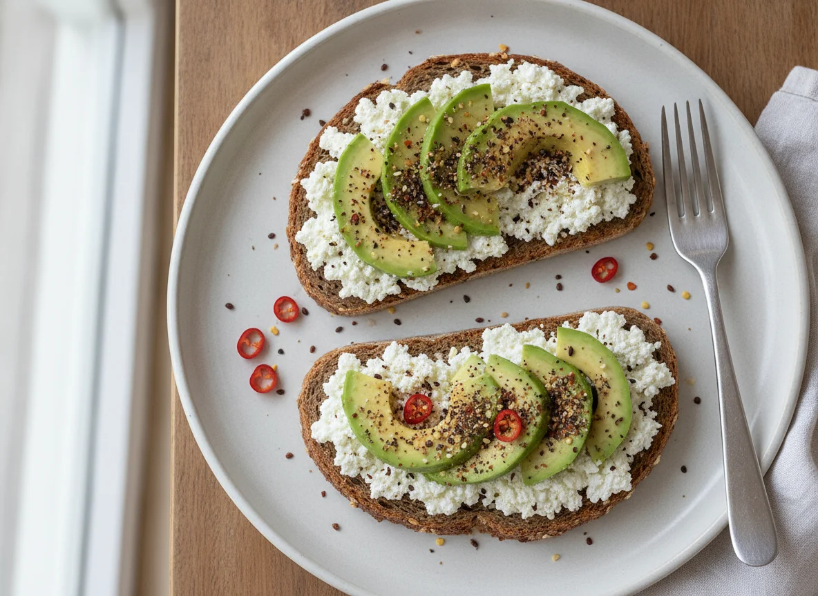 Avocado-Toast mit Hüttenkäse photo