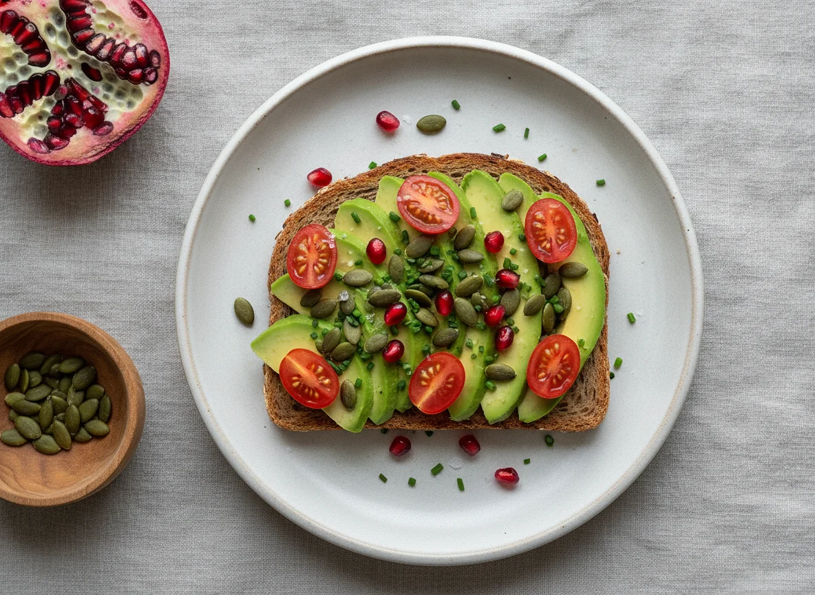Avocado-Toast mit Kernen und Granatapfel photo