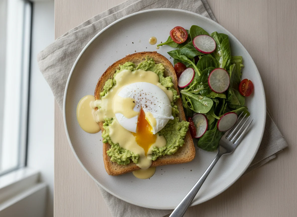 Avocado-Toast mit pochiertem Ei und Beilagensalat photo