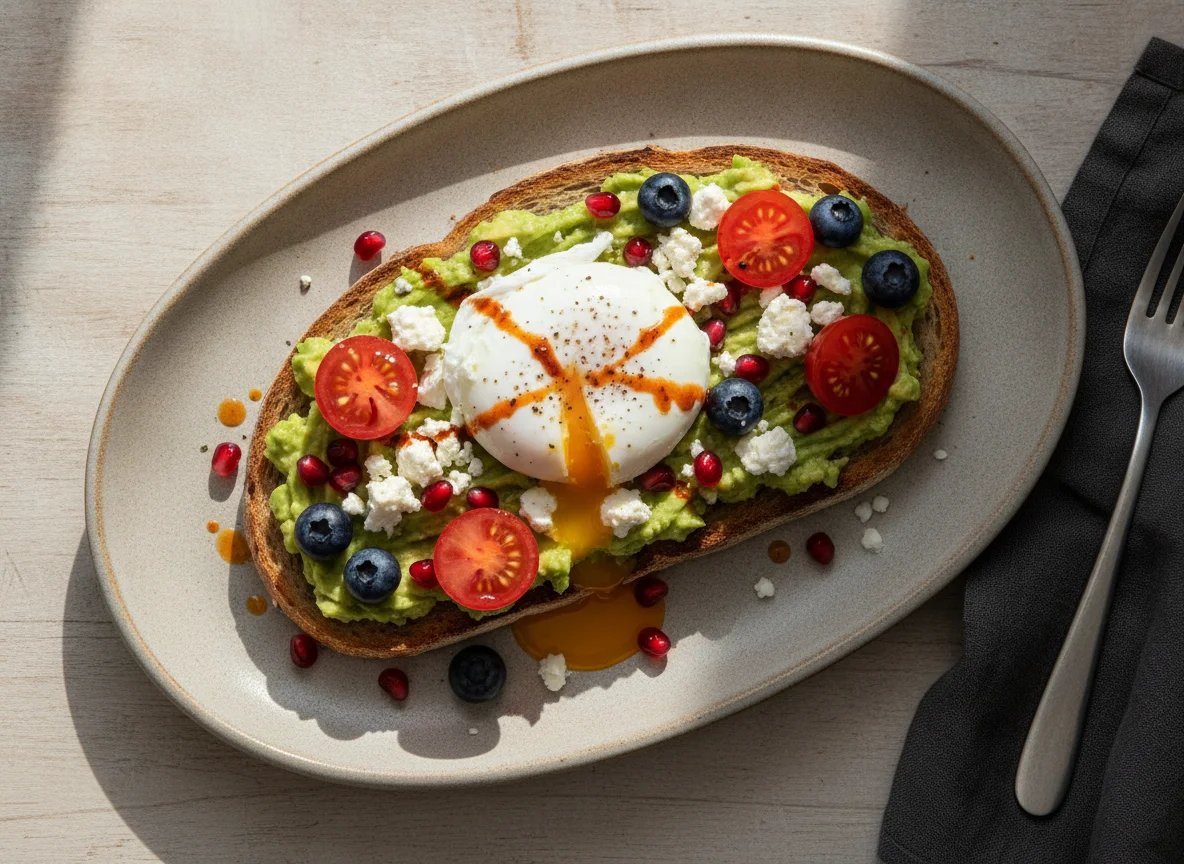Avocado-Toast mit pochiertem Ei und Feta photo