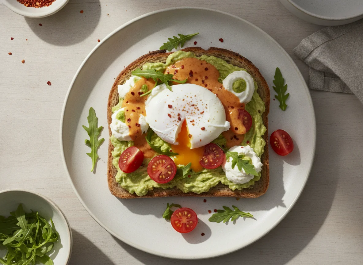 Avocado-Toast mit pochiertem Ei und Kirschtomaten photo