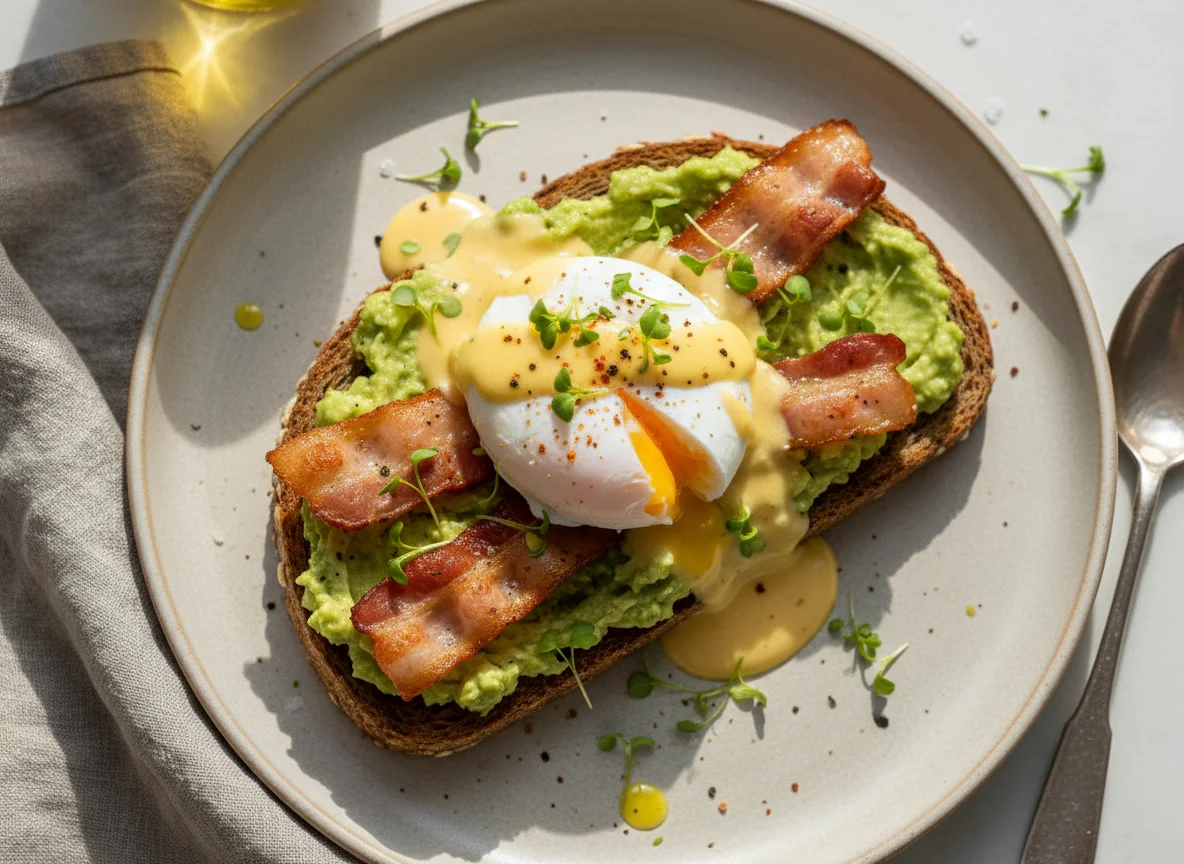 Avocado-Toast mit pochiertem Ei und Speck photo
