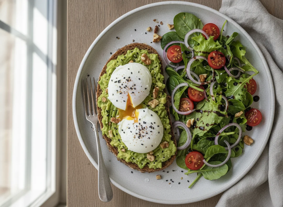 Avocado-Toast mit pochierten Eiern und Beilagensalat photo