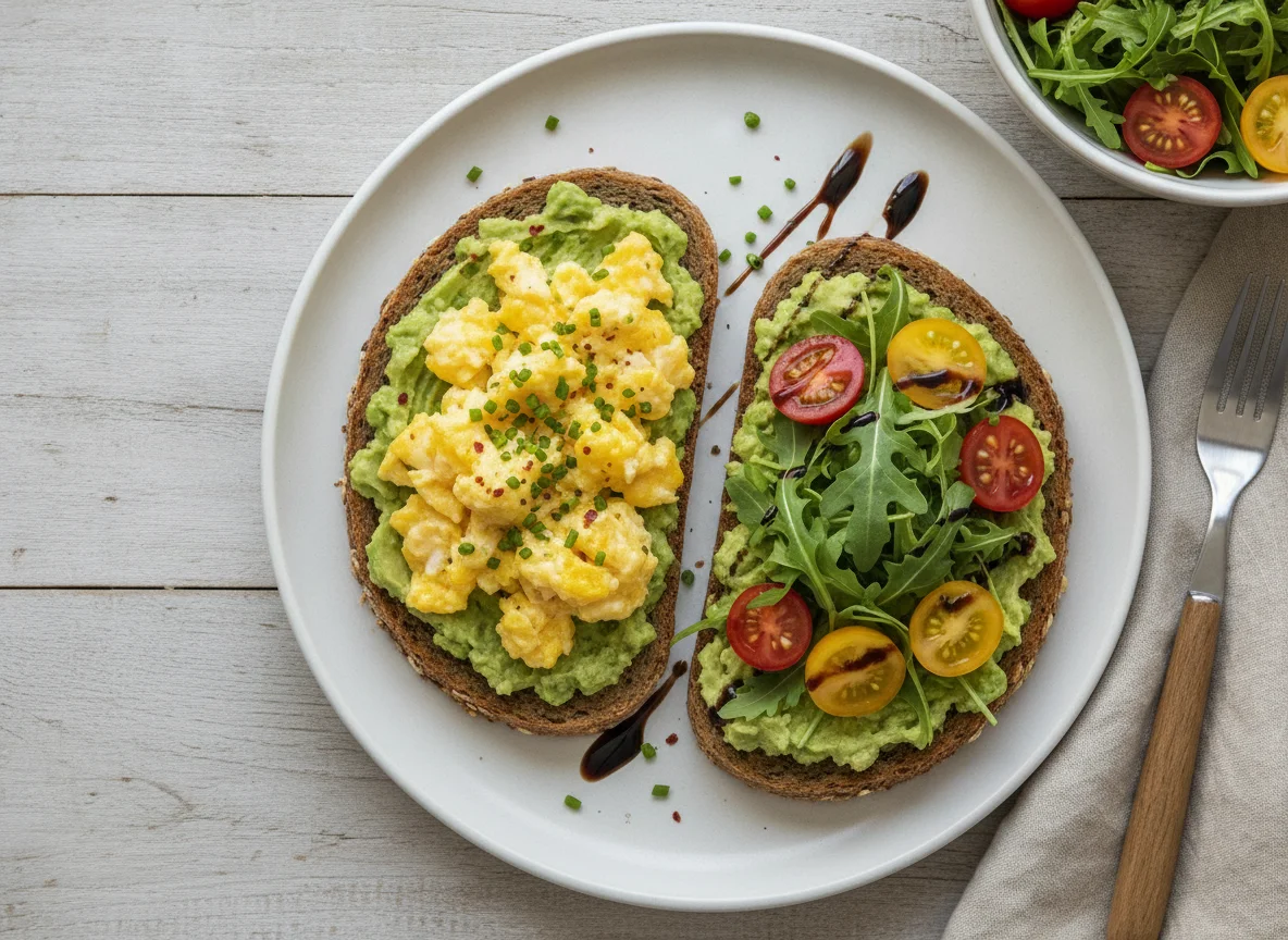 Avocado-Toast mit Rührei und Beilagensalat photo