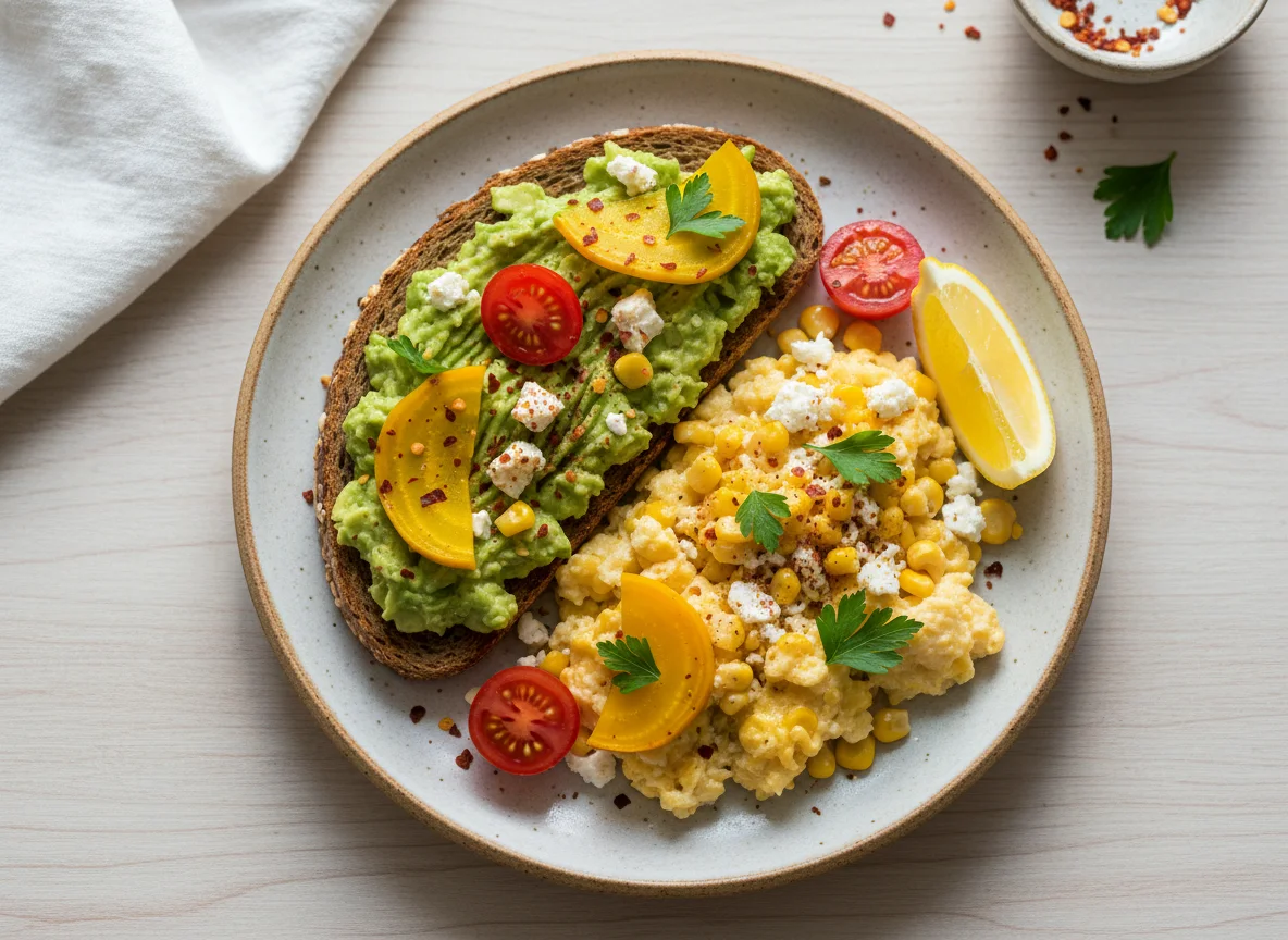 Avocado-Toast mit Rührei und Roter Bete photo