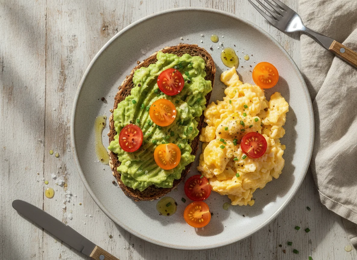 Avocado-Toast mit Rührei und Tomaten photo