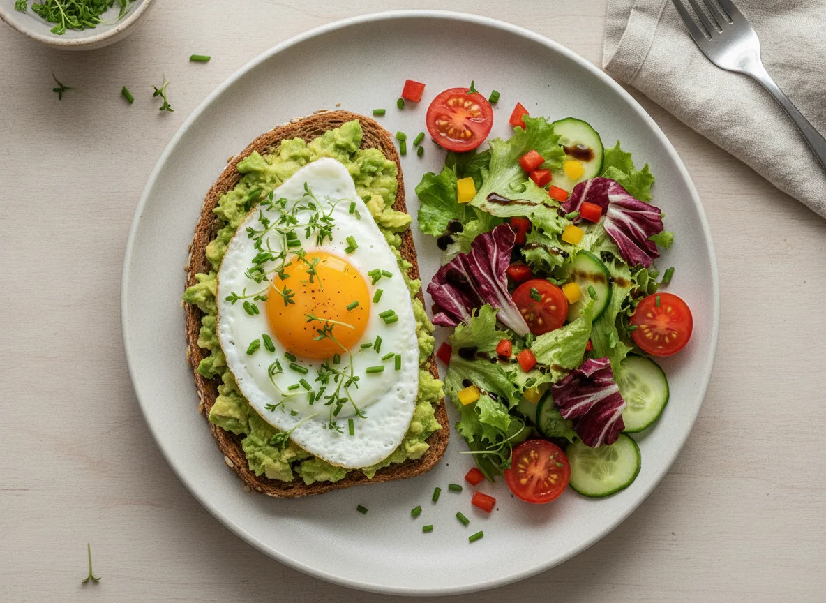 Avocado-Toast mit Spiegelei und Beilagensalat photo