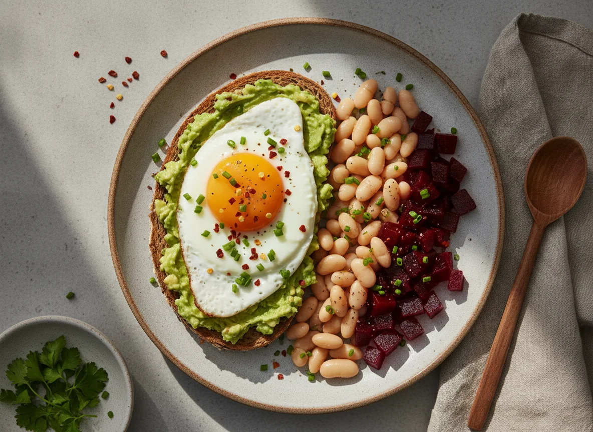 Avocado-Toast mit Spiegelei und Bohnen photo