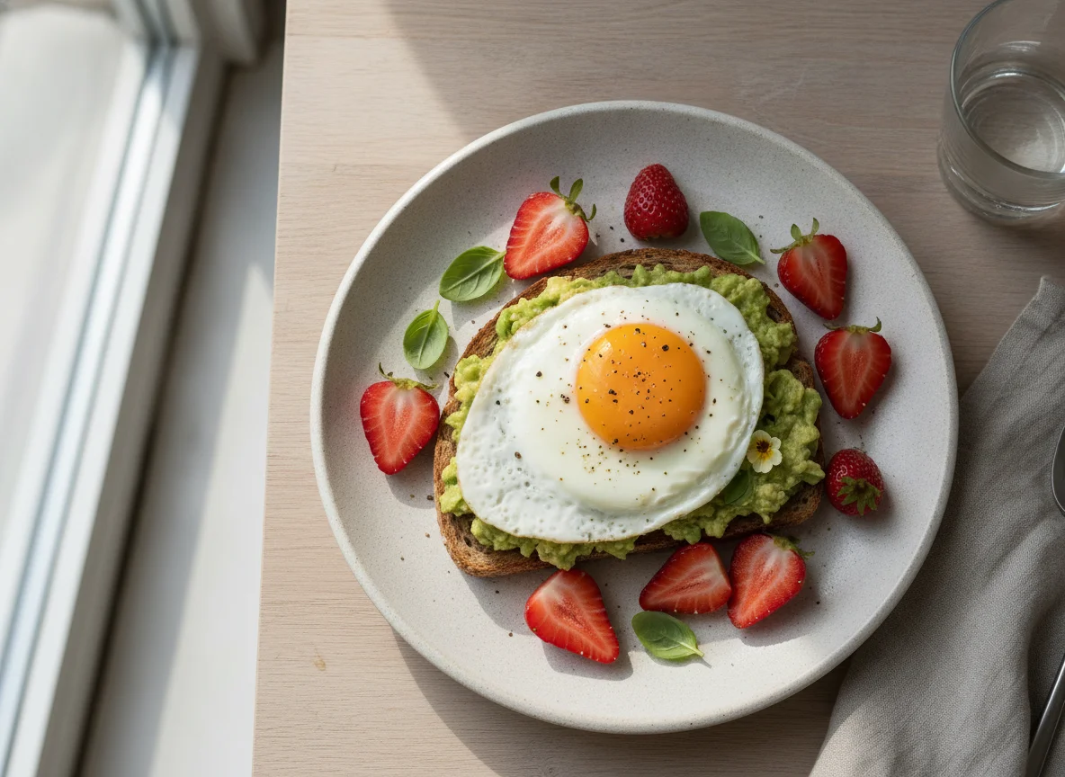 Avocado-Toast mit Spiegelei und Erdbeeren photo