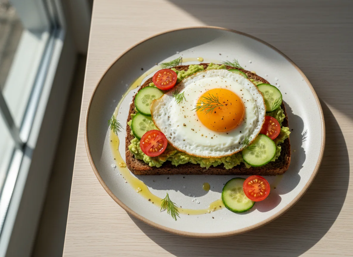 Avocado-Toast mit Spiegelei und Gurke photo